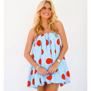 Blue Strapless Bubble Dress with Red Polka Dots size Medium